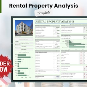 May include: A green and white spreadsheet template for analyzing rental property income and expenses. The template includes sections for property purchase information, rental income overview, monthly expenses, and cash flow analysis. The spreadsheet also includes a bar graph for visualizing rental income.