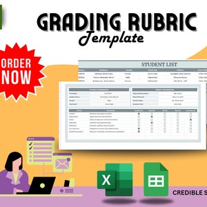 May include: A grading rubric template in a spreadsheet format. The template includes a student list, project information, and a rubric for grading. The template is designed for teachers and educators to use for grading student work.