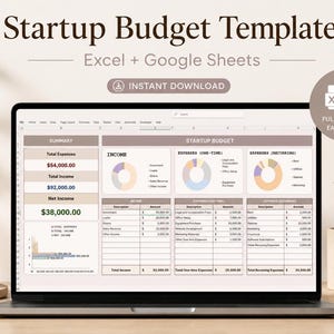 May include: A digital startup budget template displayed on a laptop screen, featuring sections for income, one-time expenses, and recurring expenses with pie charts and summary tables. The text includes Startup Budget Template, Excel + Google Sheets.