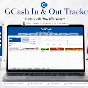 May include: A digital GCash In & Out Tracker displayed on a laptop screen, featuring a Google Sheets interface with tabs for cash flow, expenses, and balance. The layout includes a Cash IN Form and an Expense Form, with blue and white color schemes.