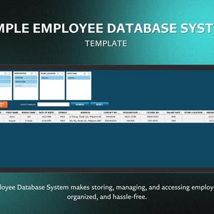 Puede incluir: Una pantalla digital muestra una plantilla de sistema de base de datos. La pantalla muestra una tabla con datos de empleados, incluidos nombres, fechas e información de contacto. El título dice "SIMPLE EMPLOYEE DATABASE SYSTEM TEMPLATE."