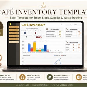 May include: A laptop screen displaying a Café Inventory Template in Excel, featuring a stock status overview, daily operations, waste summary, and bar charts. The interface includes navigation buttons for inventory, supplier logs, and waste tracking.