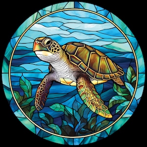 May include: A stained glass depiction of a green sea turtle swimming in blue water with green seaweed. The turtle has a brown shell with yellow accents.