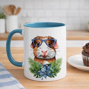 Guinea Pig Mug Blue Glasses Flower - Two-Tone Coffee Mugs 11 oz.