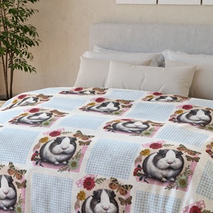 Guinea Pig Blanket Throw Roses Flowers Cute Guinea Pig Scrapbook Style - Soft Polyester Blanket