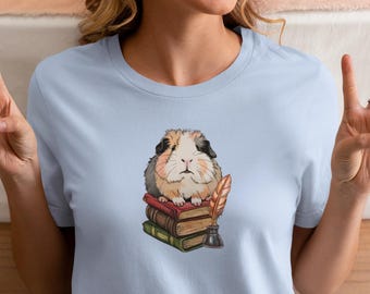 Guinea Pig On Books T-Shirt: Quill & Ink Study Pet Parent Tee
