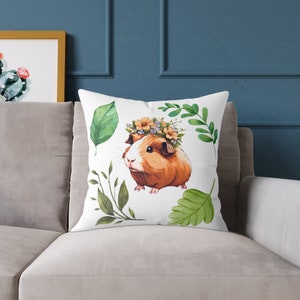 Guinea Pig Pillow Flowers Plants Leaves Cushion Watercolour Gift - Square Poly Canvas Pillow
