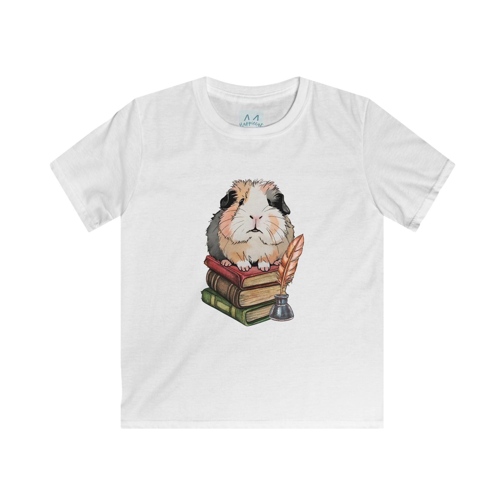 Cute Guinea Pig on Books T Shirt Sweet Top - Kids Softstyle Tee