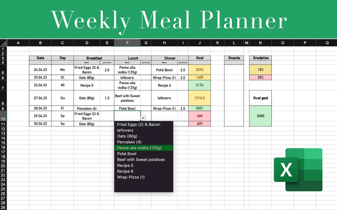 Digital Weekly Meal Planner Excel Meal Planner Weekly Meal - Etsy UK