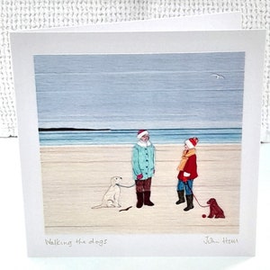 Handgemachte Grußkarte - digitale Kunst von der originalen Textilkunst 'Walking the Dogs' von John Hall