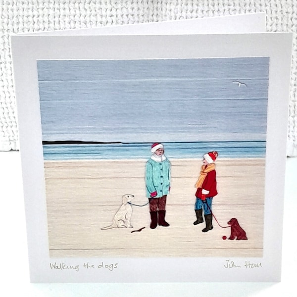 Handmade Greetings Card - digital art from original textile art 'Walking the Dogs' by John Hall