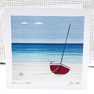 Biglietto d'auguri fatto a mano - stampa digitale dall'arte tessile originale 'Gull on a Boat' di John Hall