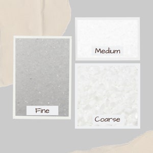 May include: An image showcasing three samples of white crystals labeled "Fine", "Medium", and "Coarse". The samples are displayed in rectangular frames against a neutral background, offering a visual comparison of crystal sizes.