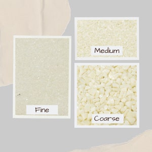 May include: Three samples of crushed stone in varying sizes: fine, medium, and coarse. Each sample is displayed in a white-framed rectangle against a neutral background. The text labels "Fine", "Medium", and "Coarse" are included.