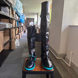 Black and Pale Green Cosplay Costume Boots Shoes Custom Made
