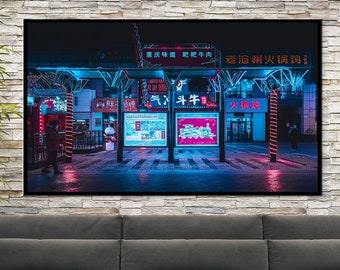 Pôster em tela da cidade cyberpunk, arte de parede de rua neofuturista do Japão.