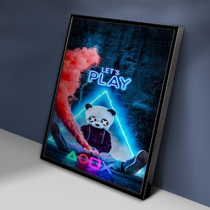 Let&#39;s Play Canvas, Hypebeast Wall Decor, Neon Panda Canvas, Large Canvas, Hypebeast Wll Art, Home Decor, Modern Wall Art, Colorful Canvas