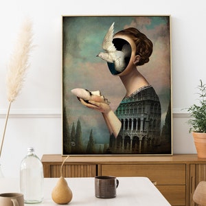 Surreale Mädchen Leinwand Wandkunst, ethnische Frau Leinwanddruck, Frau mit Taube Leinwandkunst, moderne Wohnkultur, surreale Kunst Wanddekor, Frau Kunst