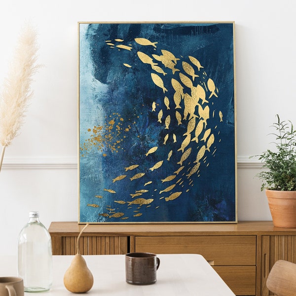 Gold Fisch Gemälde Eingerahmt Wand Kunst Blattgold Fische Handgemalt Ozean Moderne Abstrakte Kunst Große Original Gemälde Abstrakte Wand Dekor Geschenk