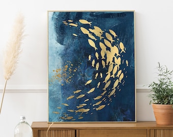 Gold Fish Painting: Hand Painted Ocean Abstract Art, Framed Canvas