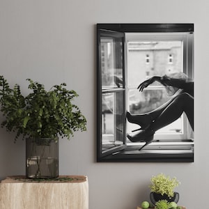 High Heels Sitting in Window Poster Print, Black and White, Fashion Art Photography, Girl Room Decor Photo, Glam Decor, Fashion Art Print