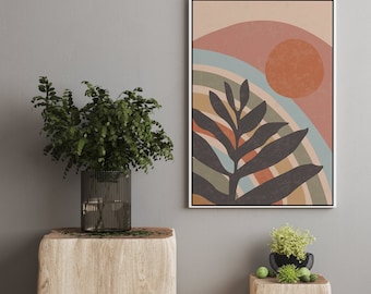 Stampa Boho Sun, arte murale moderna di metà secolo con tramonto