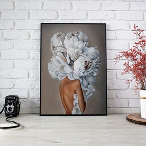 Rose Head Woman Canvas Print, Woman With Flower Head Canvas Painting, Woman With Feather Head Wall Decor, Flower Canvas Art, Wall Art Canvas