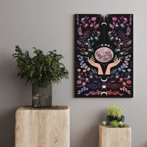 Moon in Hand with Flowers Canvas, Moon Poster, Sky Design Wall Art, Moon Wall Decor, Pop Art Canvas, Unique Home Decor, Boho Canvas Gift