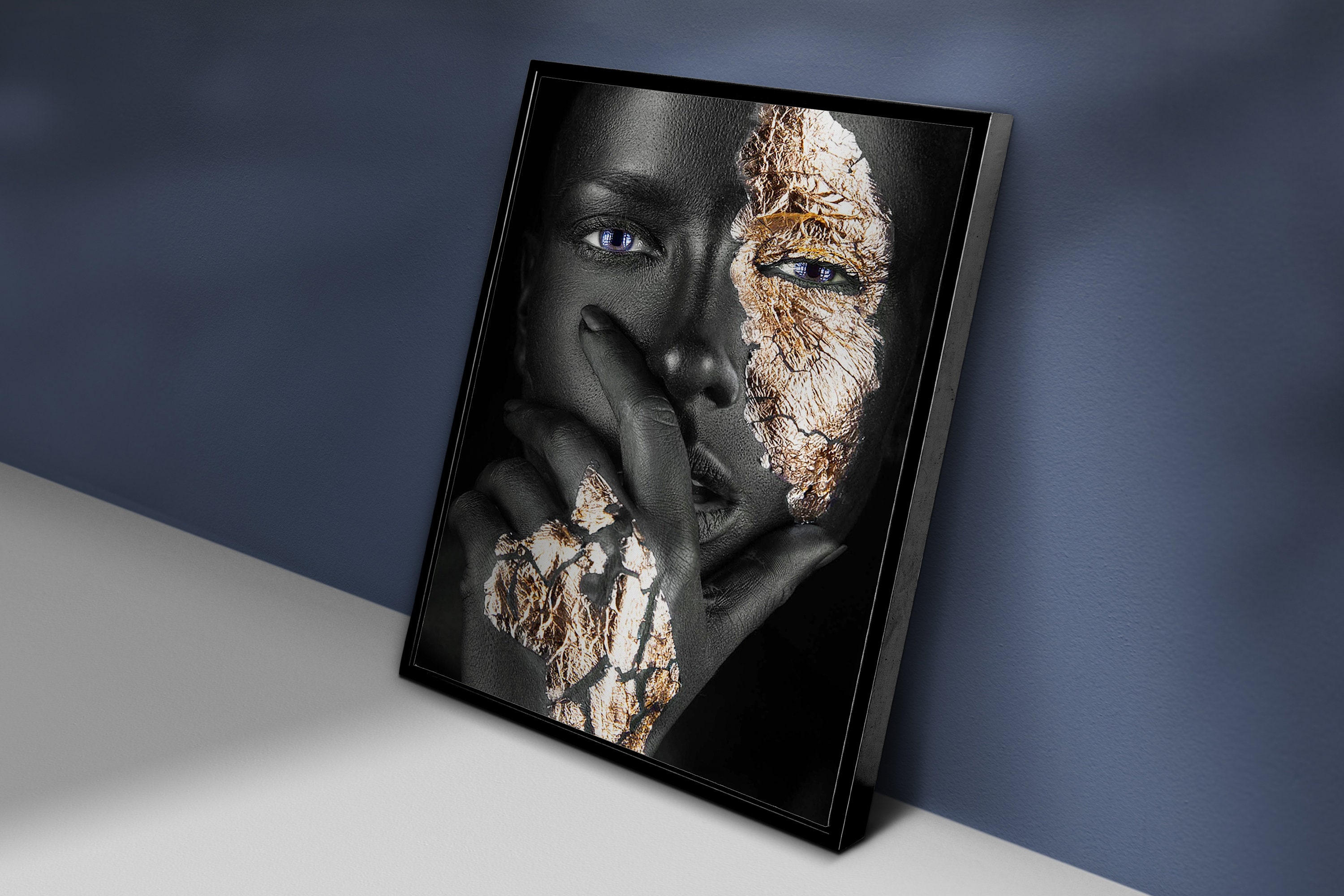 Afrikanische Frau Porträt Malerei Mit Goldenen Schattierungen Moderne  Ethnische Kunst Drucken Auf Leinwand, image size:3000x2000