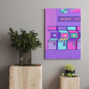 Arcade Pixel Art Canvas, unique game room art, Retrowave arcade machine art, framed canvas print, framed wall art | Wall Art