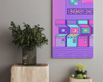 May include: A pixel art print of a retro arcade with five game machines. The machines are decorated with different colors and have pixelated images of a planet, a crescent moon, and a star. The sign above the machines reads "READY? OK!"