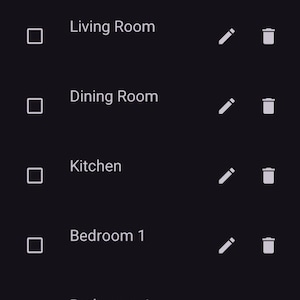 May include: Screenshot of a mobile app interface with a dark background and a purple header that reads "Sections for Bob." The app lists various sections like Exterior, Living Room, and Kitchen, with checkboxes and editing icons.