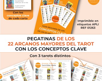 Pegatinas 22 Arcanos Mayores Tarot Rider Waite, Marsella y de las Sensaciones, con los conceptos clave de cada carta. PDF imprimible