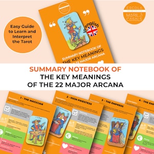 Puede incluir: Una guía colorida para aprender e interpretar el Tarot. La guía presenta un cuaderno resumen de los significados clave de los 22 Arcanos Mayores. La guía incluye ilustraciones de las cartas y descripciones de sus significados.