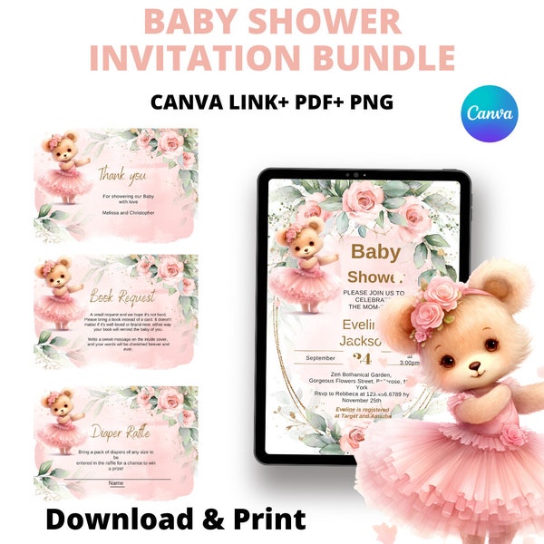 Editable teddy bear tutu, baby shower invitation, pink tutu baby shower, pink boho, instant download, baby shower template-