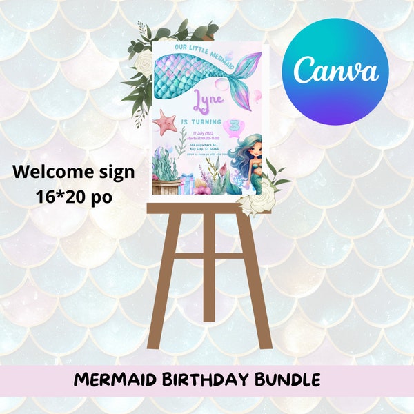 Canva Mermaid Birthday Invitation Bundle Mermaid Invite Mermaid Birthday Theme Mermaid Party Decoration Girl Under the Sea Editable Digital