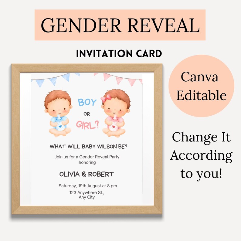 Editable Baby Gender Reveal Template Canva Pro Design Customizable Digital Pregnancy