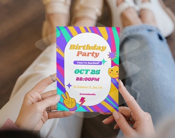 Simple Colorful Birthday Invitation Template, ANY AGE, Instant Download Birthday Invitation for Boys Teens Kids Girls Adults, Canva DIY