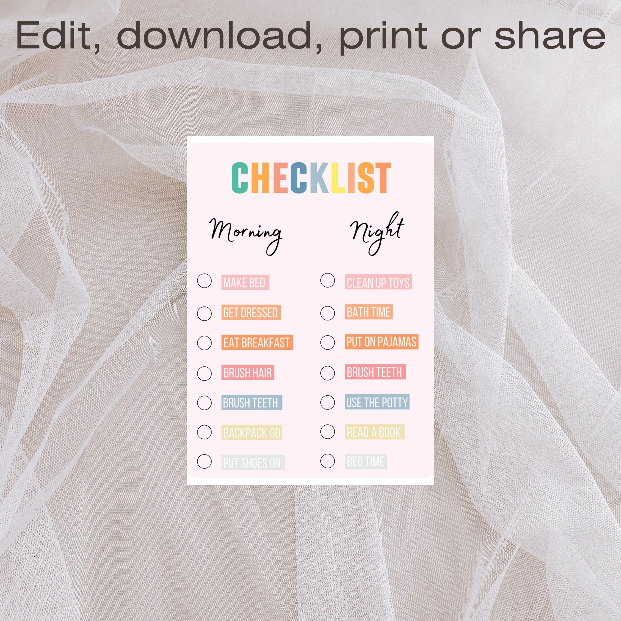 Kids Checklist Template, Morning Bedtime Nighttime Checklist, Chore Chart, Kid Routine Chart ...