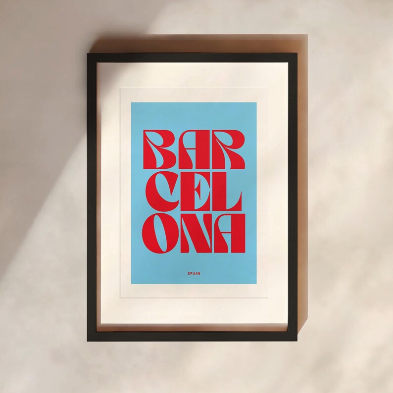 Barcelona Typography Print 4 Colours Travel spain, Madrid, Quirky