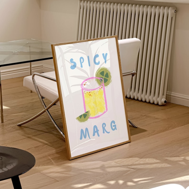 Graphical illustration of a glass of margarita with lime in bright pastel pinks, yellows, and greens. The text "SPICY MARG" in pale blue is displayed at the top and bottom of the illustration.