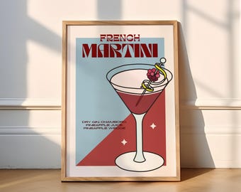 French Martini Print | Cocktails (Cocktail Prints, Kitchen Poster, Funky, Trendy, Drinks, Kitchen Wall Art, Bar, Classy, Retro, Red, Brown)