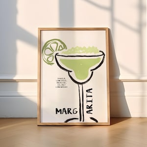 Könnte beinhalten: Eine Illustration eines grünen Margarita-Cocktails mit dem Text "Margarita" und den aufgeführten Zutaten: Tequila, Limettensaft, Triple Sec, Eis, Salz, Limettenspalten.