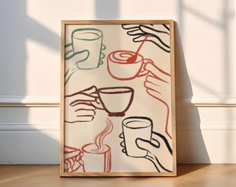 May include: A framed illustration of hands holding various cups of coffee or tea. The cups are drawn in different colors and styles, including a green mug, a brown cup with a handle, and a white cup with a handle. The hands are drawn in red and black.