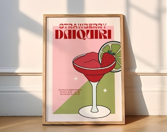 Strawberry Daiquiri Print | Cocktails (Funky Kitchen Prints, Trendy Cocktail Poster, Strawberries, Summer, Frozen, Pina Colada, Pink, Red)