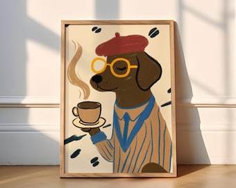 May include: A brown dog wearing a red beret and yellow glasses holds a cup of coffee. The dog is wearing a striped sweater with a blue collar. The background is a cream color with brown and black abstract shapes.