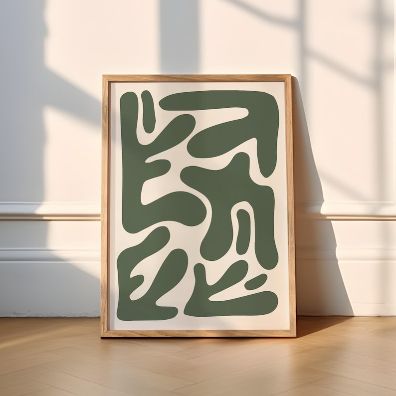 Funky abstract on a pale beige background. Available in green, brown, black, or blue.