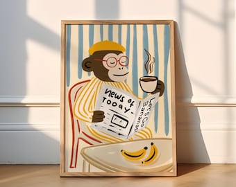 May include: A cartoon monkey wearing a yellow beret and glasses sits in a chair, reading a newspaper titled "News of Today" and holding a cup of coffee. The monkey is sitting at a table with a plate of yellow bananas and the text "Let's Go Bananas".