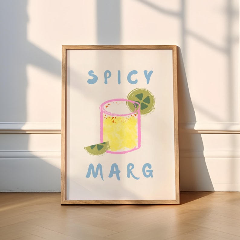 Graphical illustration of a glass of margarita with lime in bright pastel pinks, yellows, and greens. The text "SPICY MARG" in pale blue is displayed at the top and bottom of the illustration.