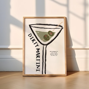 Dirty Martini wunderlicher Druck | Cocktails (Cocktail Prints, Küchen Poster, Drinks, Oliven, Funky, Wall Art, Retro, Doodle, Retro, Bar, A4)